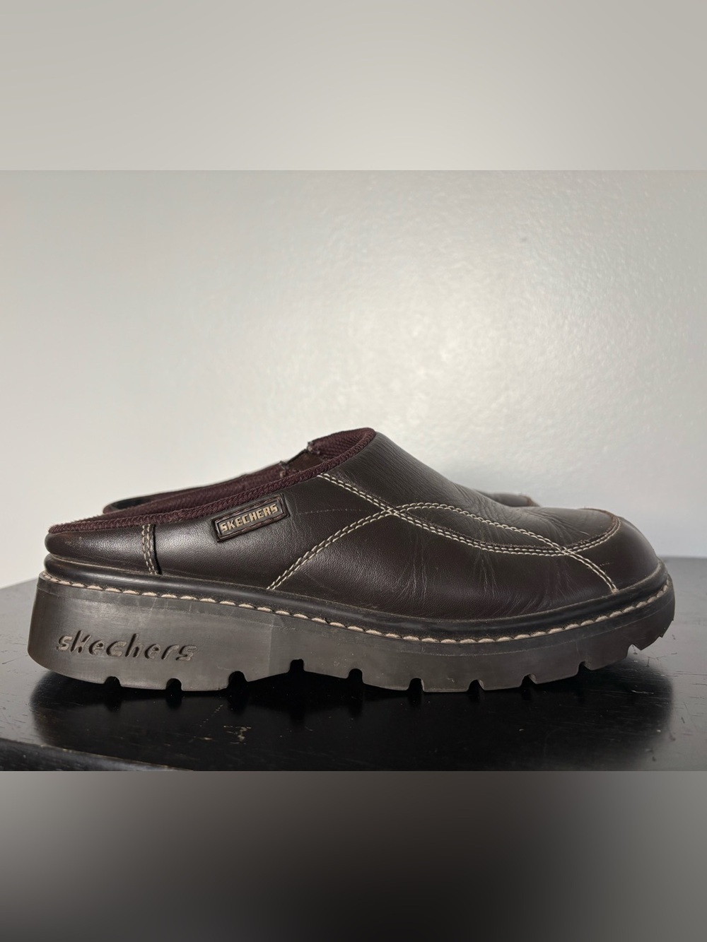 Vtg Y2K Skechers Slip-On Chunky Brown Leather Mules Clogs Shoes Womens 8.5 FLAWS